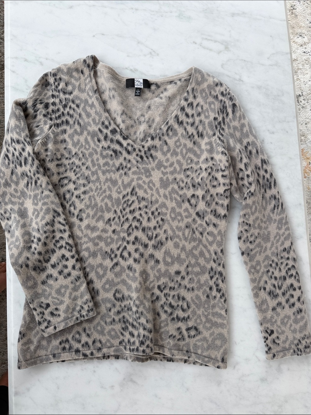 Saks Fifth Avenue Taupe Leopard V-Neck Long Sleeve Top